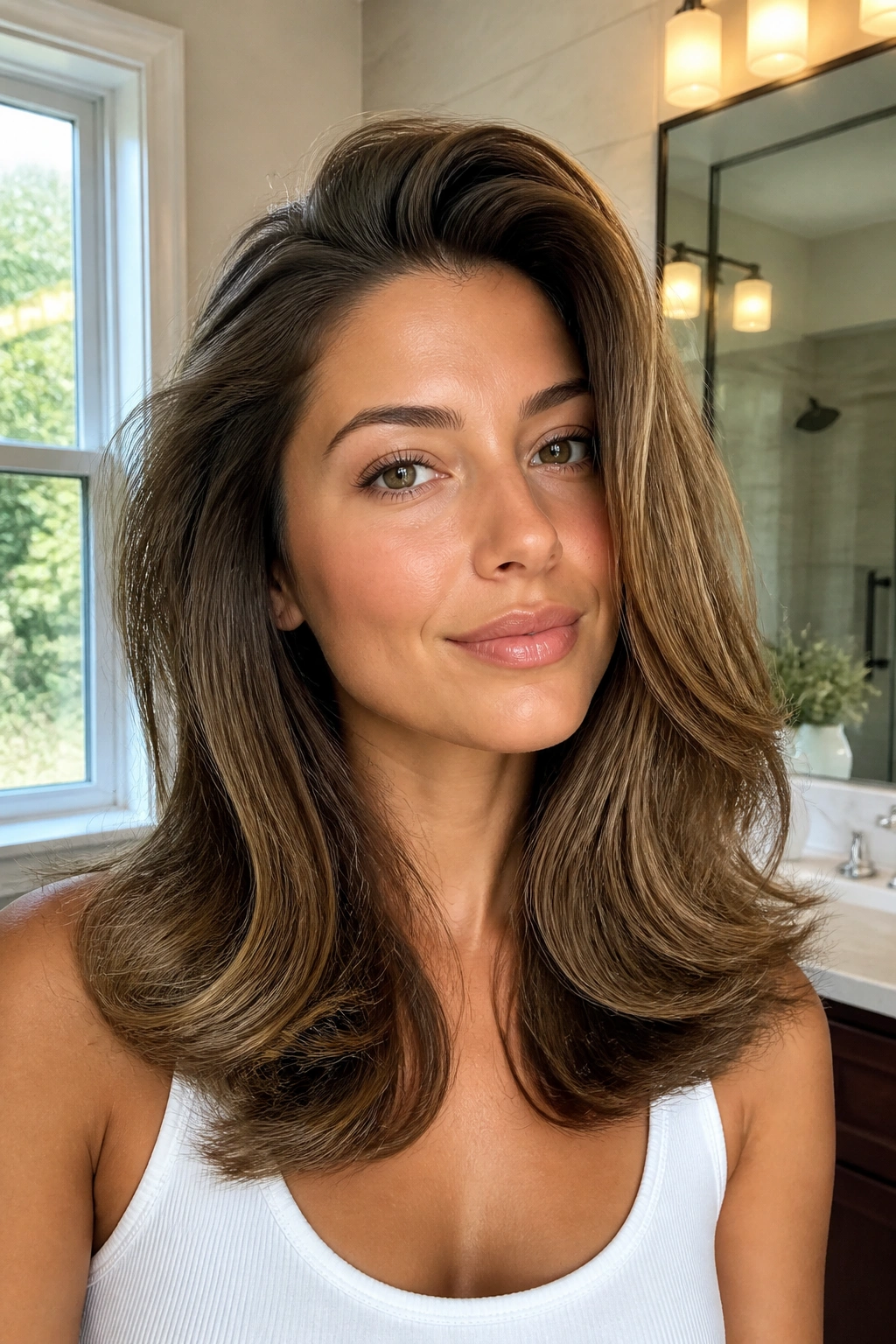 Round-brush blowout volume on thick hair