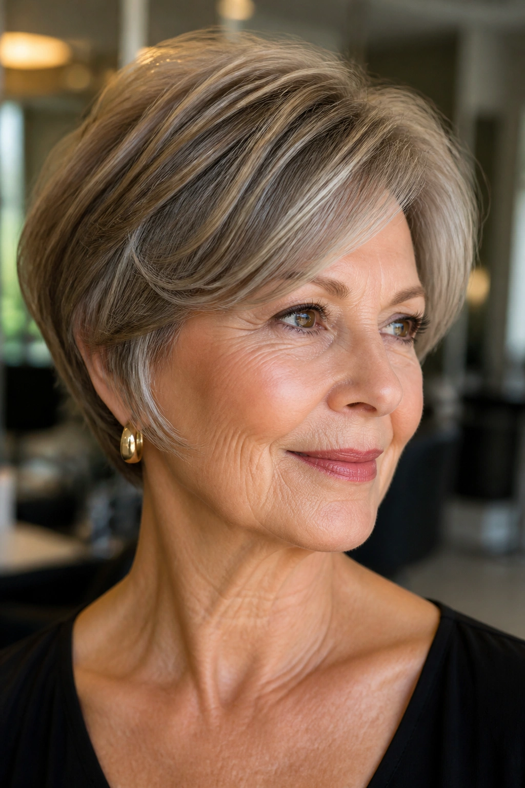 Close-up portrait of an older woman with a round-brushed pixie bob showing lift at roots and curved ends