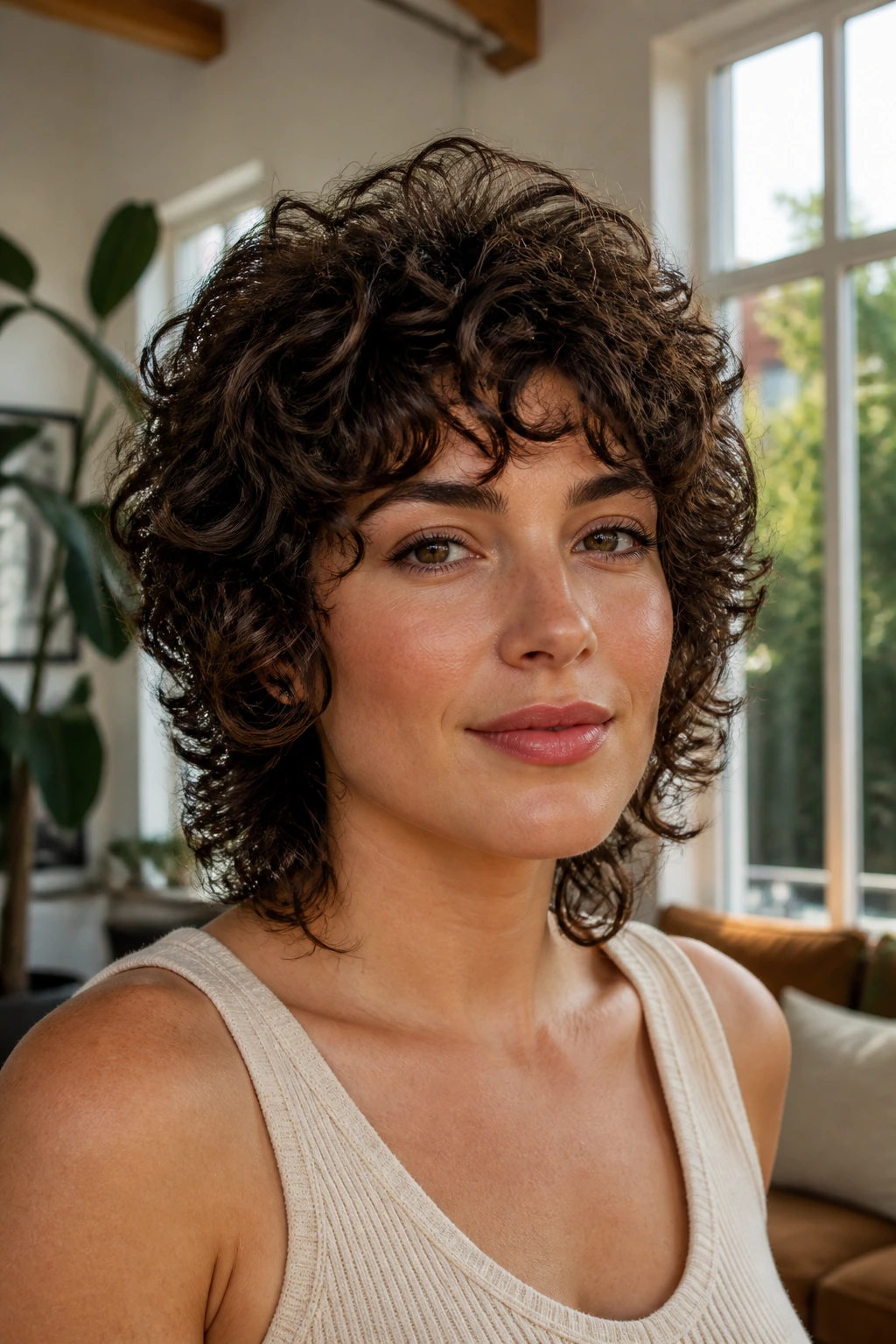 Real woman with round curly shag for thick hair in a bright living room.