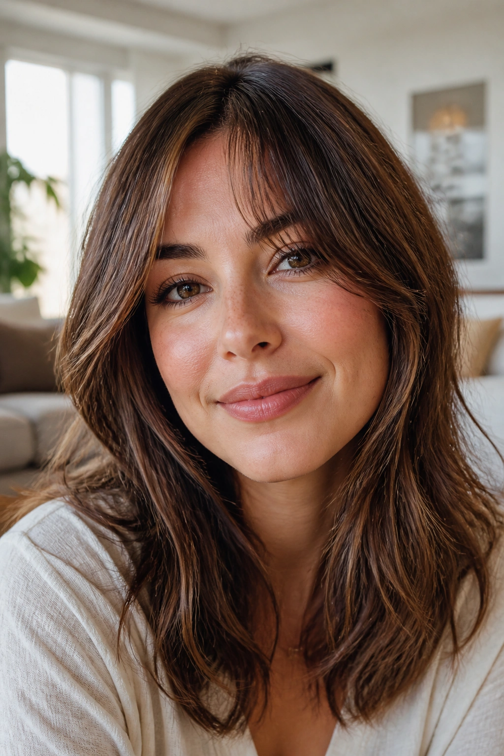 Close-up of a real woman with center-opening bangs adding length to a round face