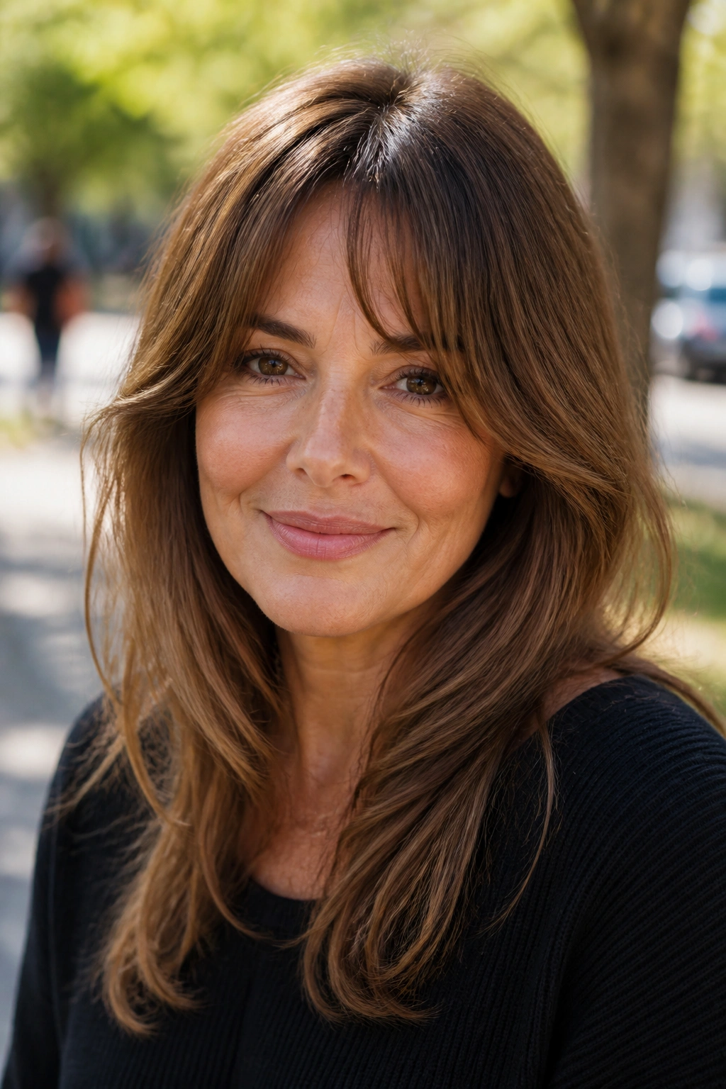 Real woman with vertical-lengthening bangs on round face outdoors