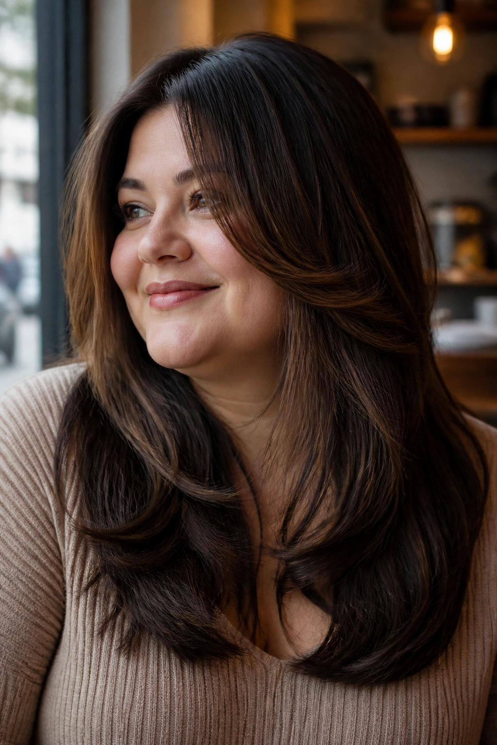 Close-up of a plus-size woman with round-face butterfly cut and longer front pieces