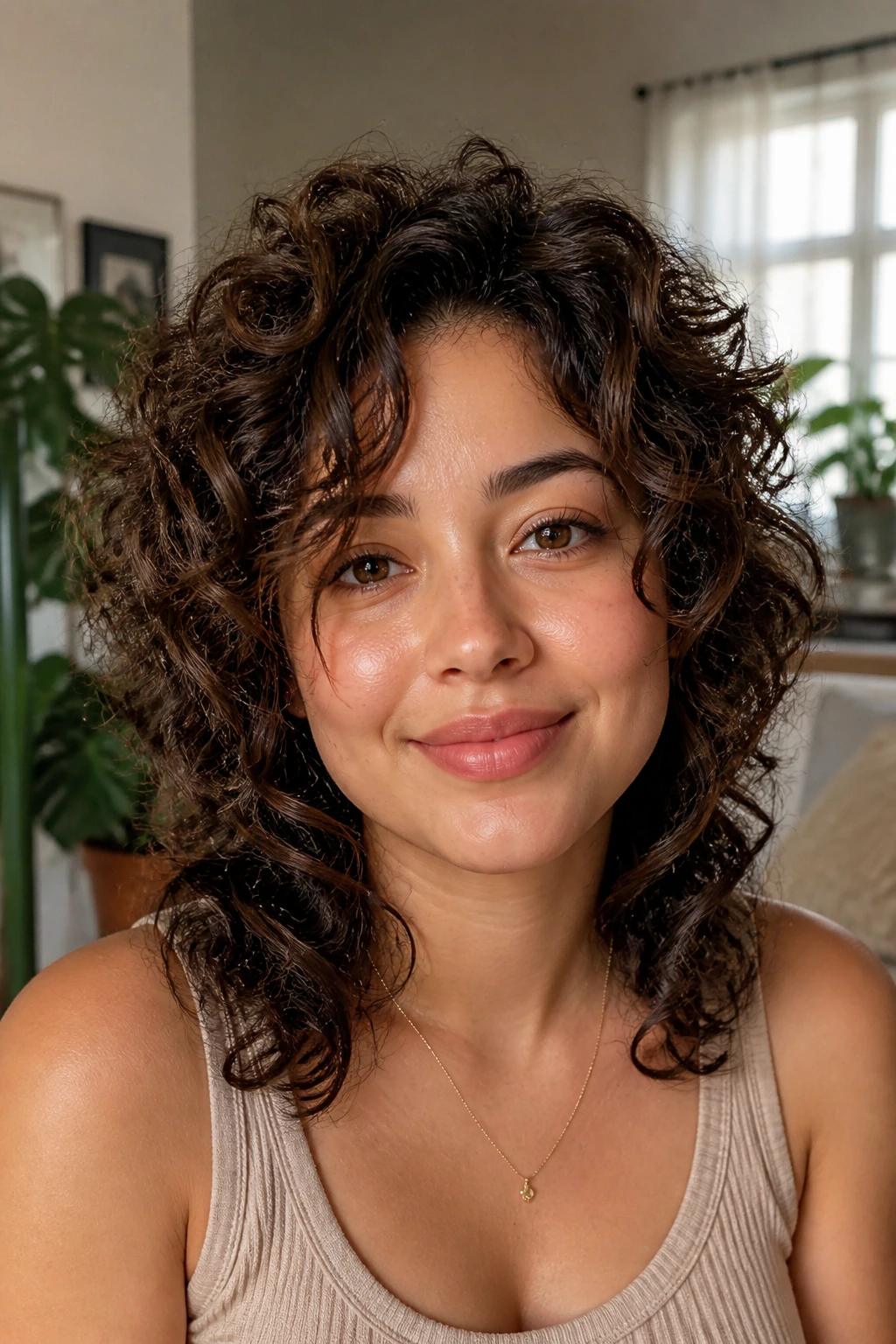 Close-up portrait of a real woman with a round face and bang-free curly wolf cut highlighting crown lift