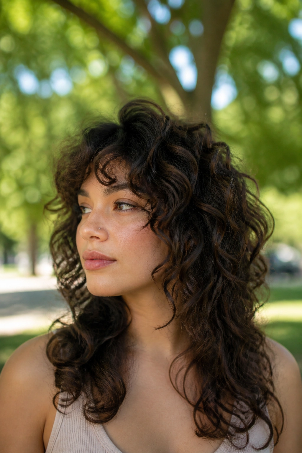 Close-up portrait of a woman with curly wolf cut for round face, longer front pieces and crown lift