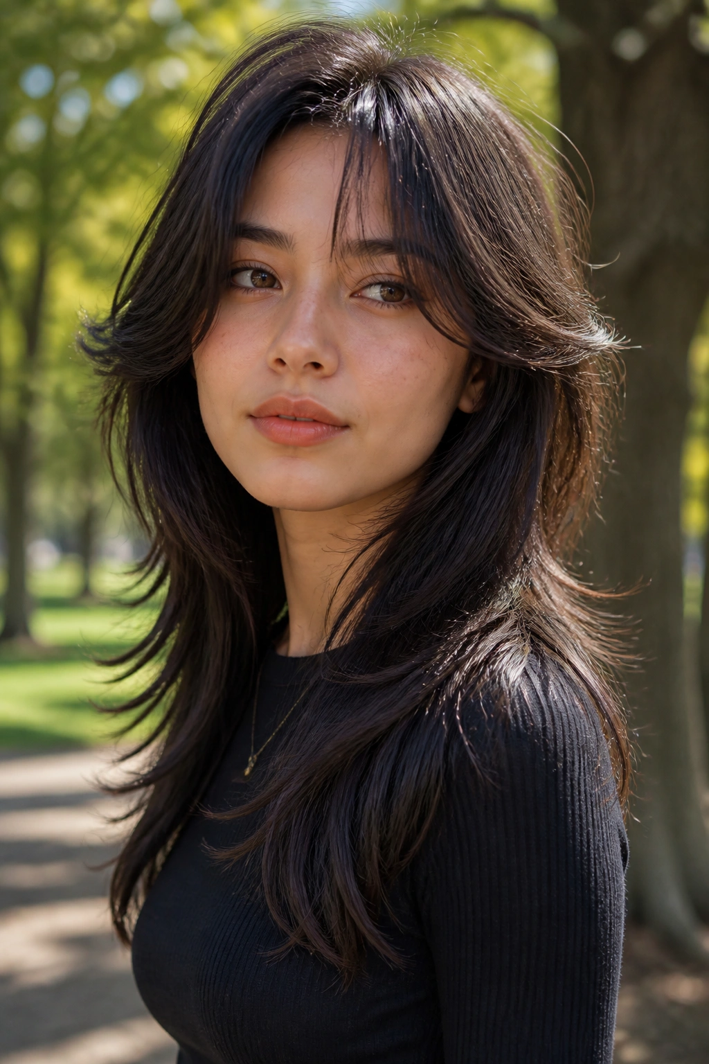 Close-up of real woman with long wolf cut designed to elongate a round face in outdoor light.