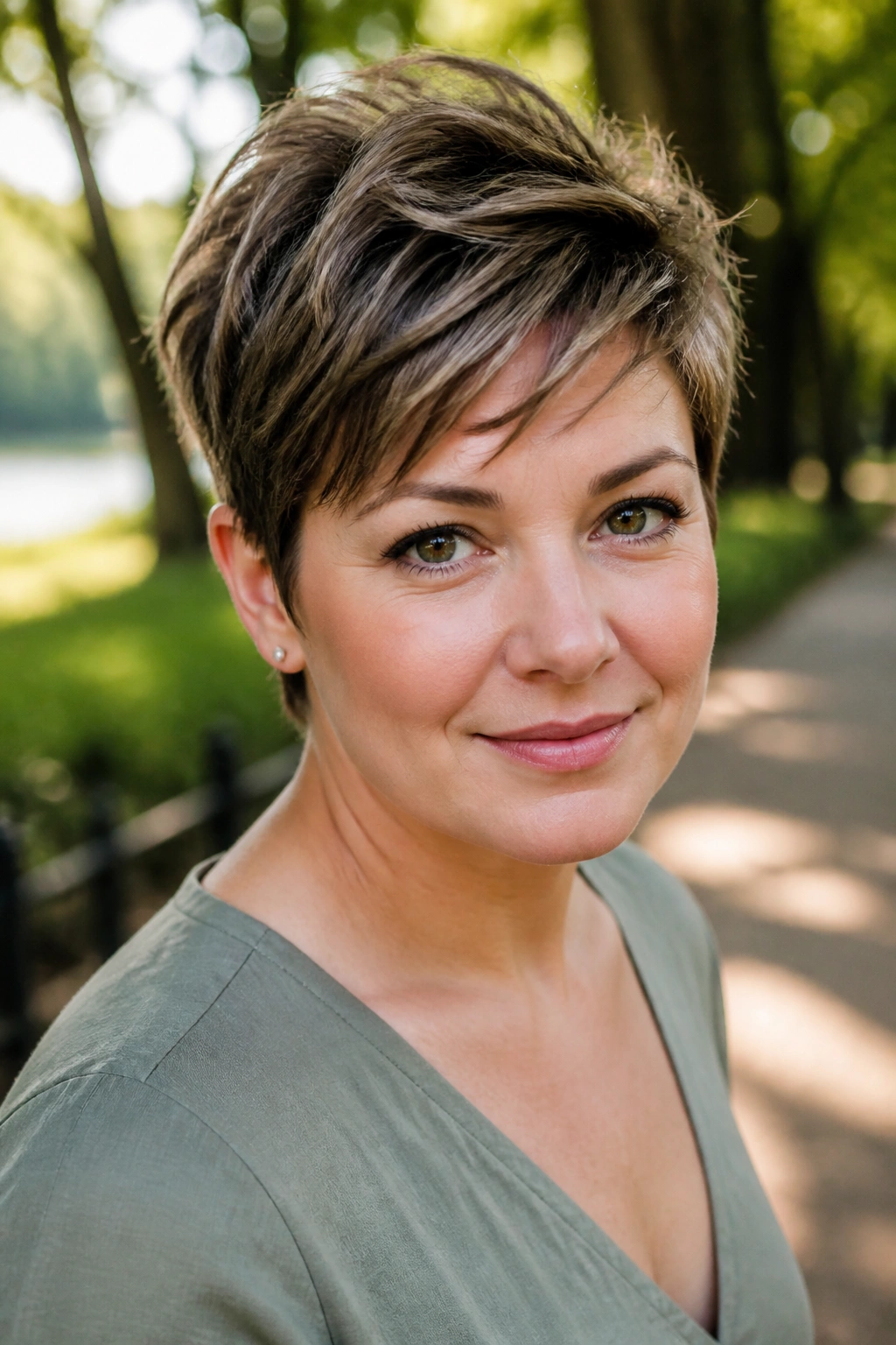 Portrait of a real person with a round-face balancing pixie in a park