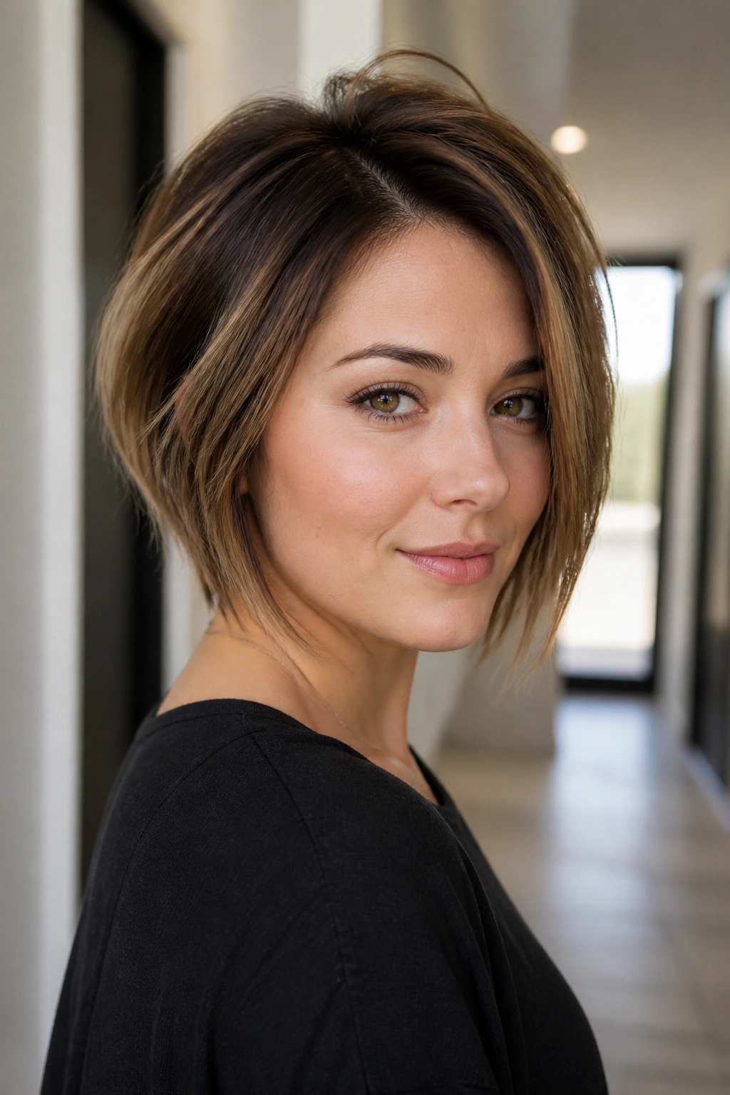Portrait of a real woman with a crown-lift long pixie bob for round faces and deep side part