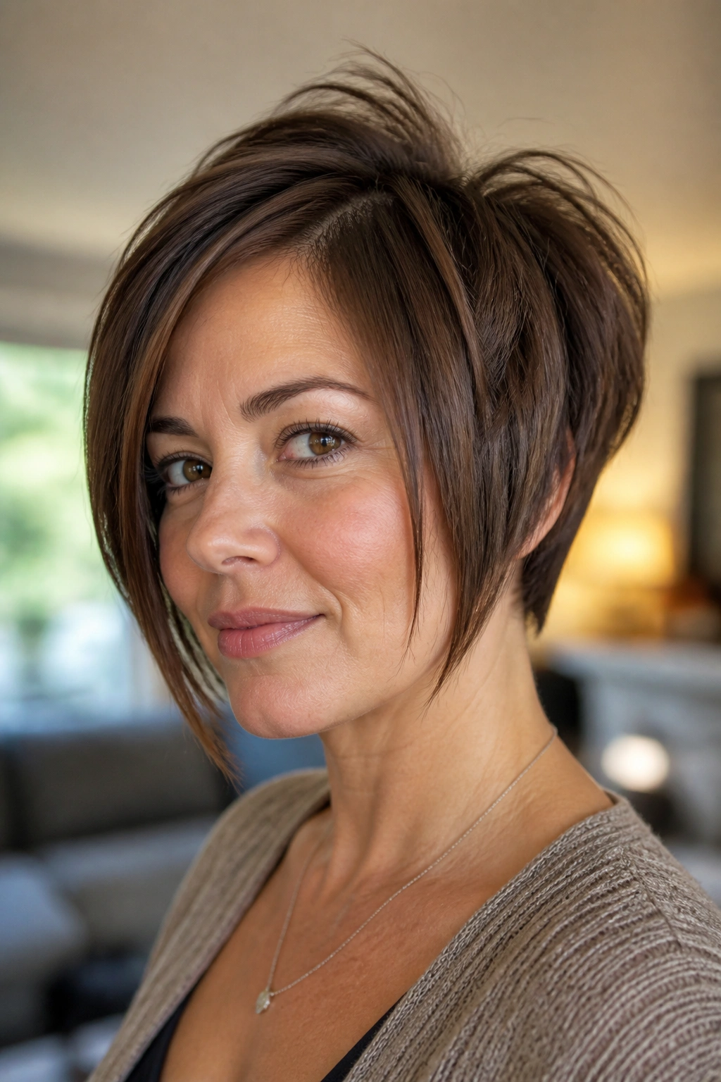 Close-up portrait of a real woman with round-face pixie bob featuring crown lift and longer front pieces