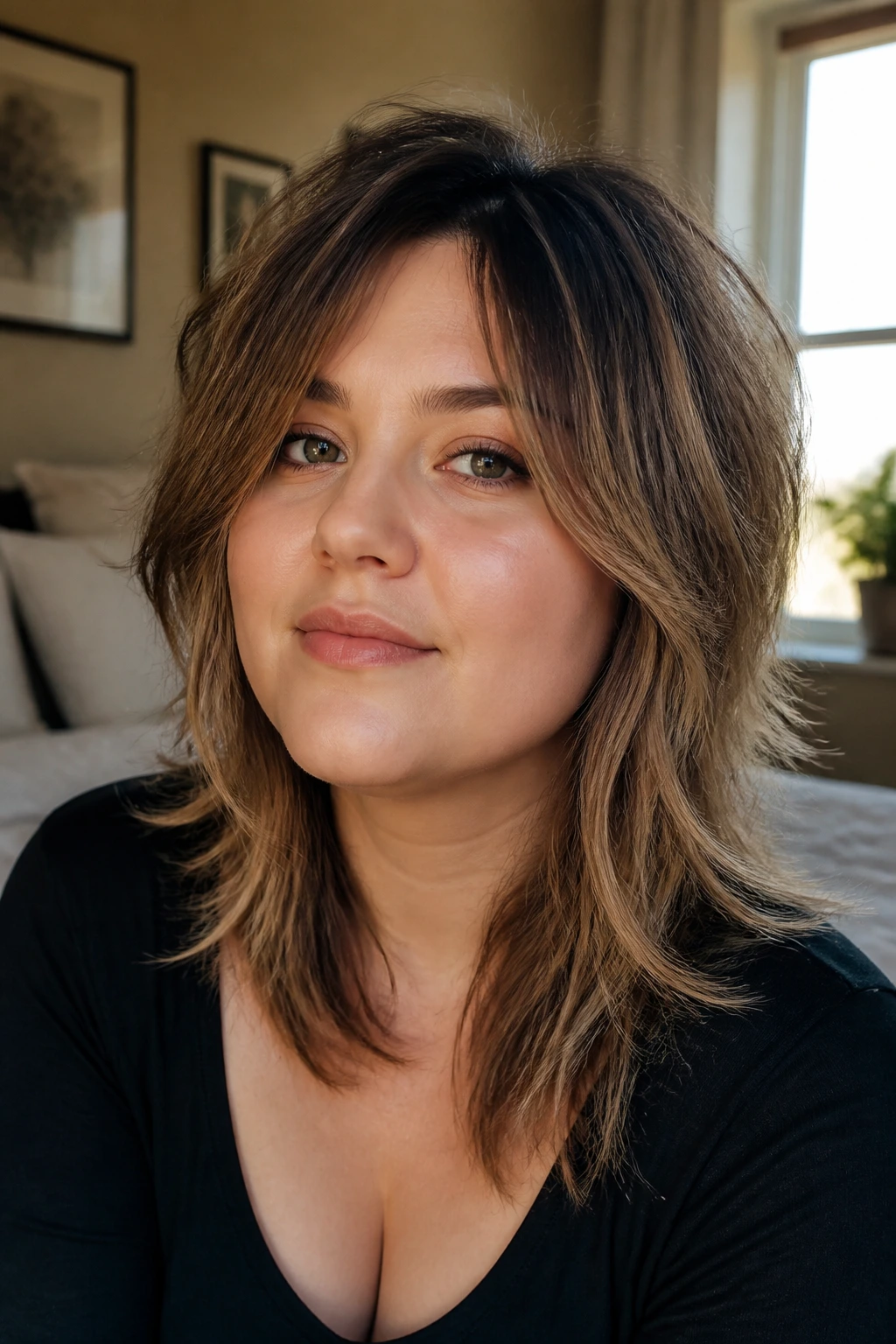 Close-up of a real woman with a round-face-friendly shag featuring longer front layers in a softly lit bedroom