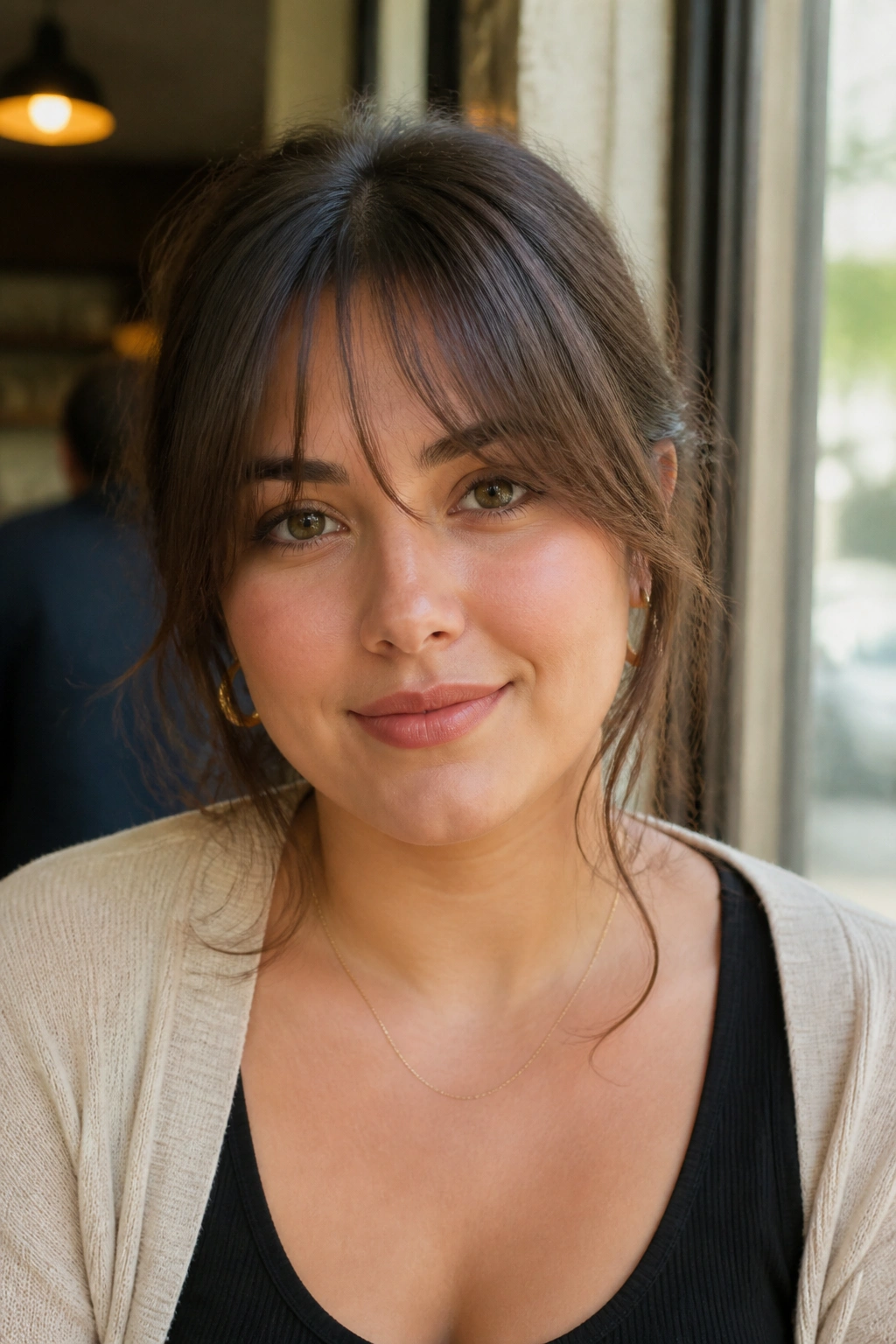 Portrait of a real woman with wispy bangs on a round face in natural light