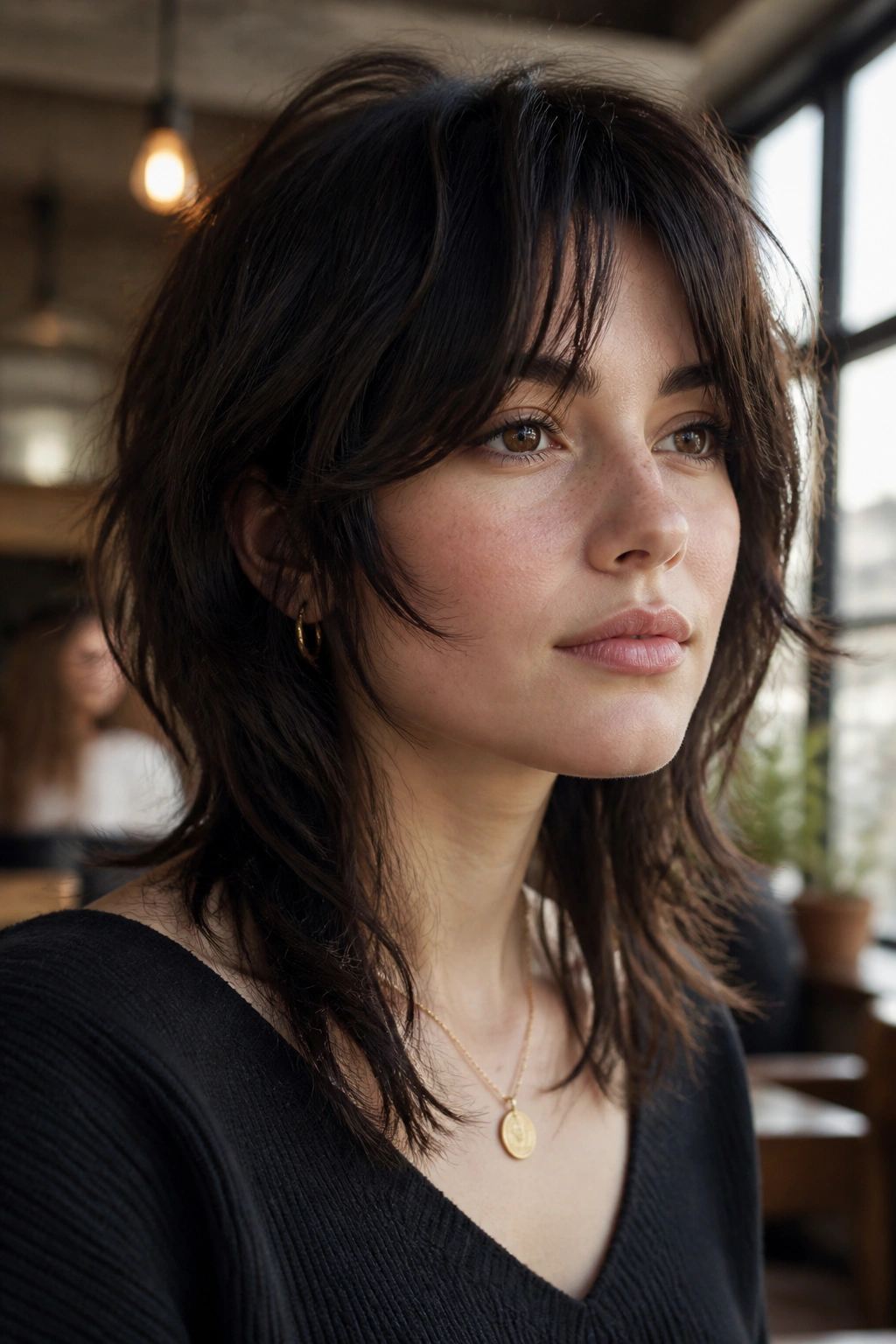 Close-up portrait of a real person with Round-Face Wolf Cut showing cheekbone-framing layers.