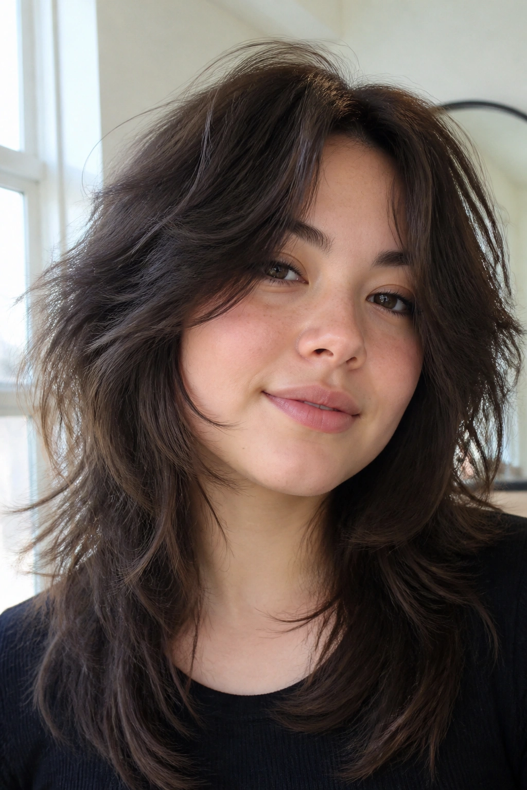 Close-up portrait of a real person with round-face wolf cut and long cheek layers