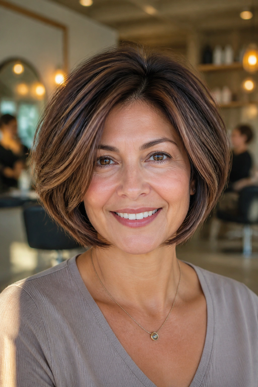 Real woman with a round layered bob designed for thick hair, close-up.
