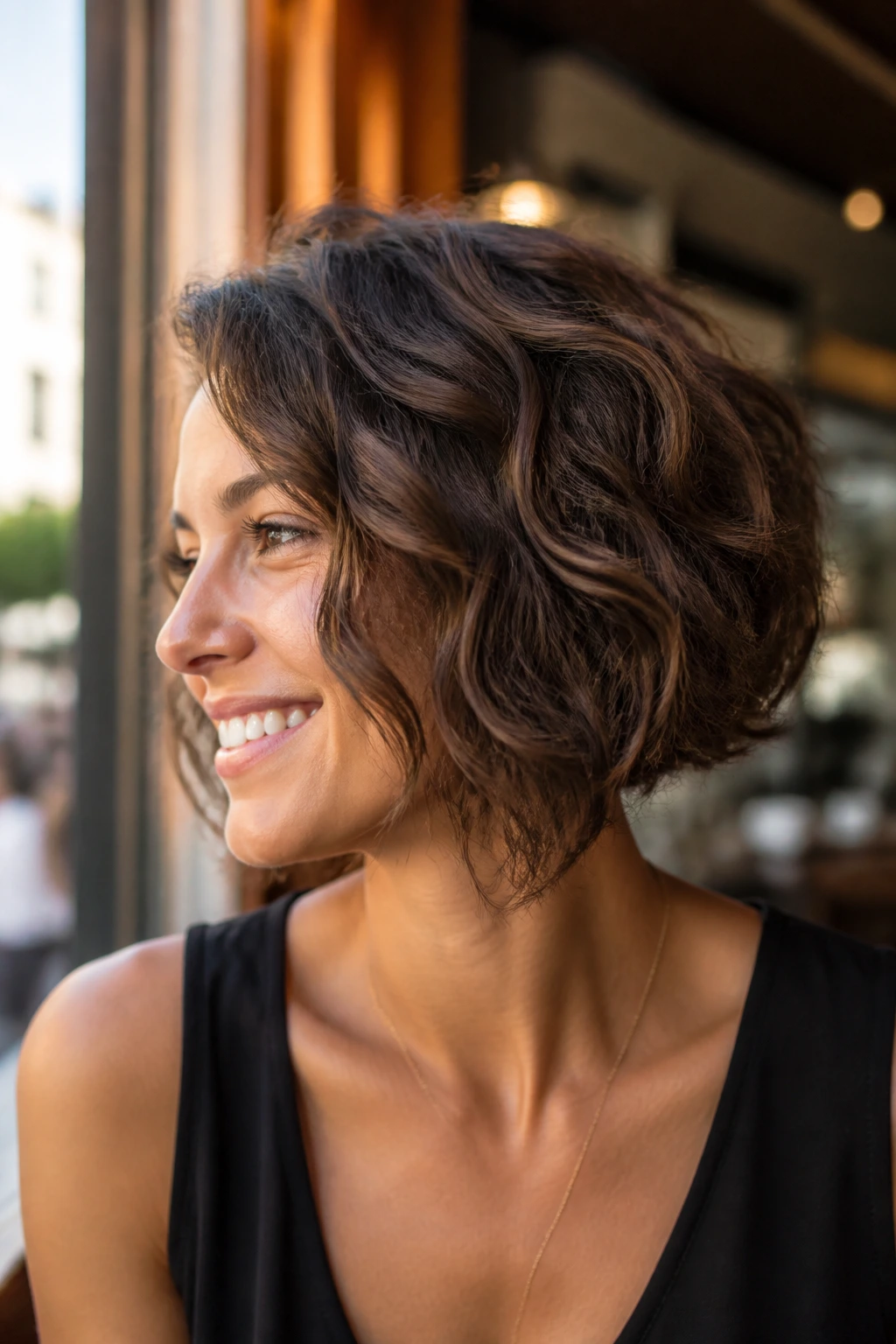 Real woman with rounded A-line bob for wavy curls in cafe setting