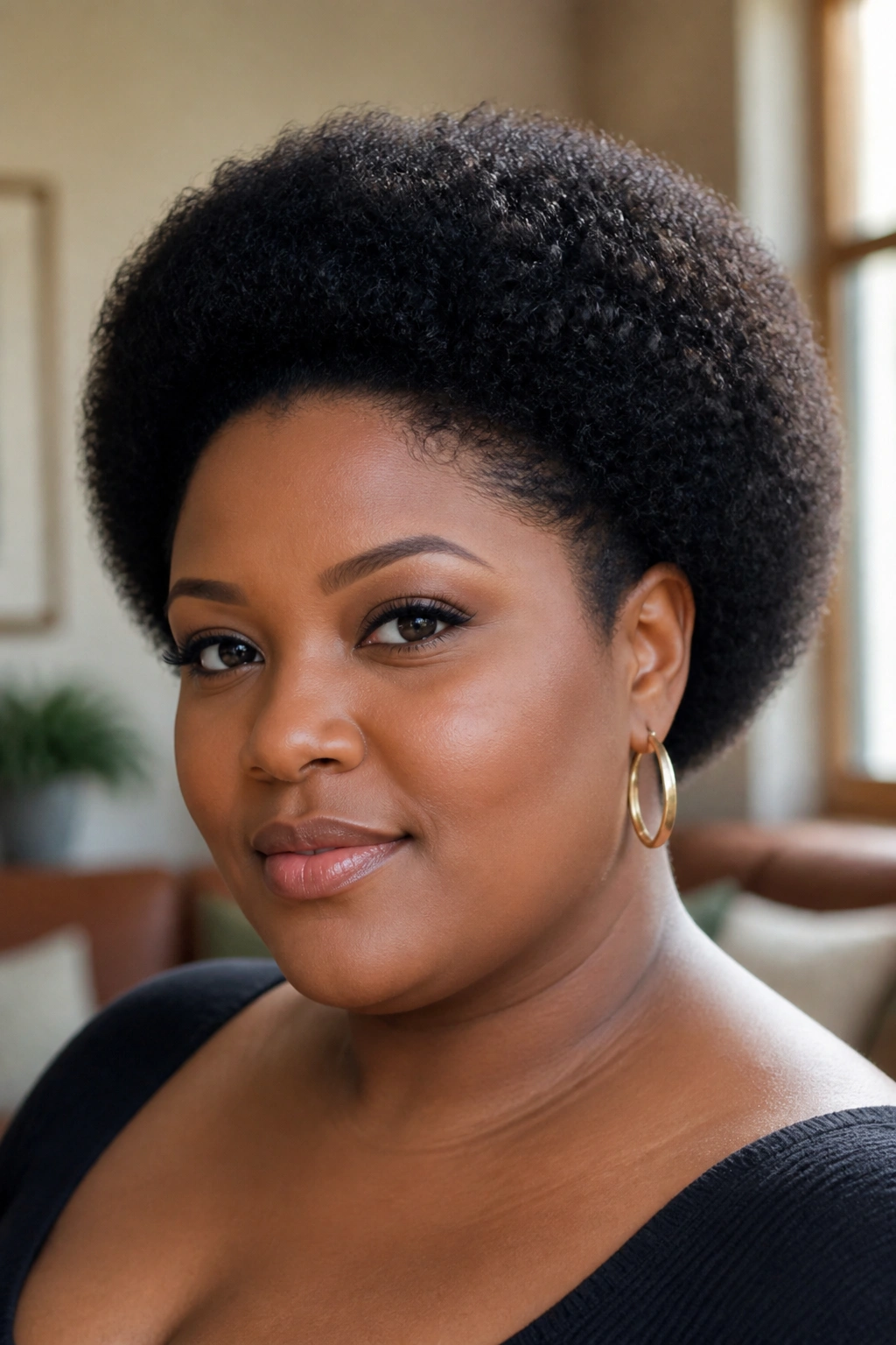 Close-up of a real woman with a rounded Afro With Clean Edges in natural window light.