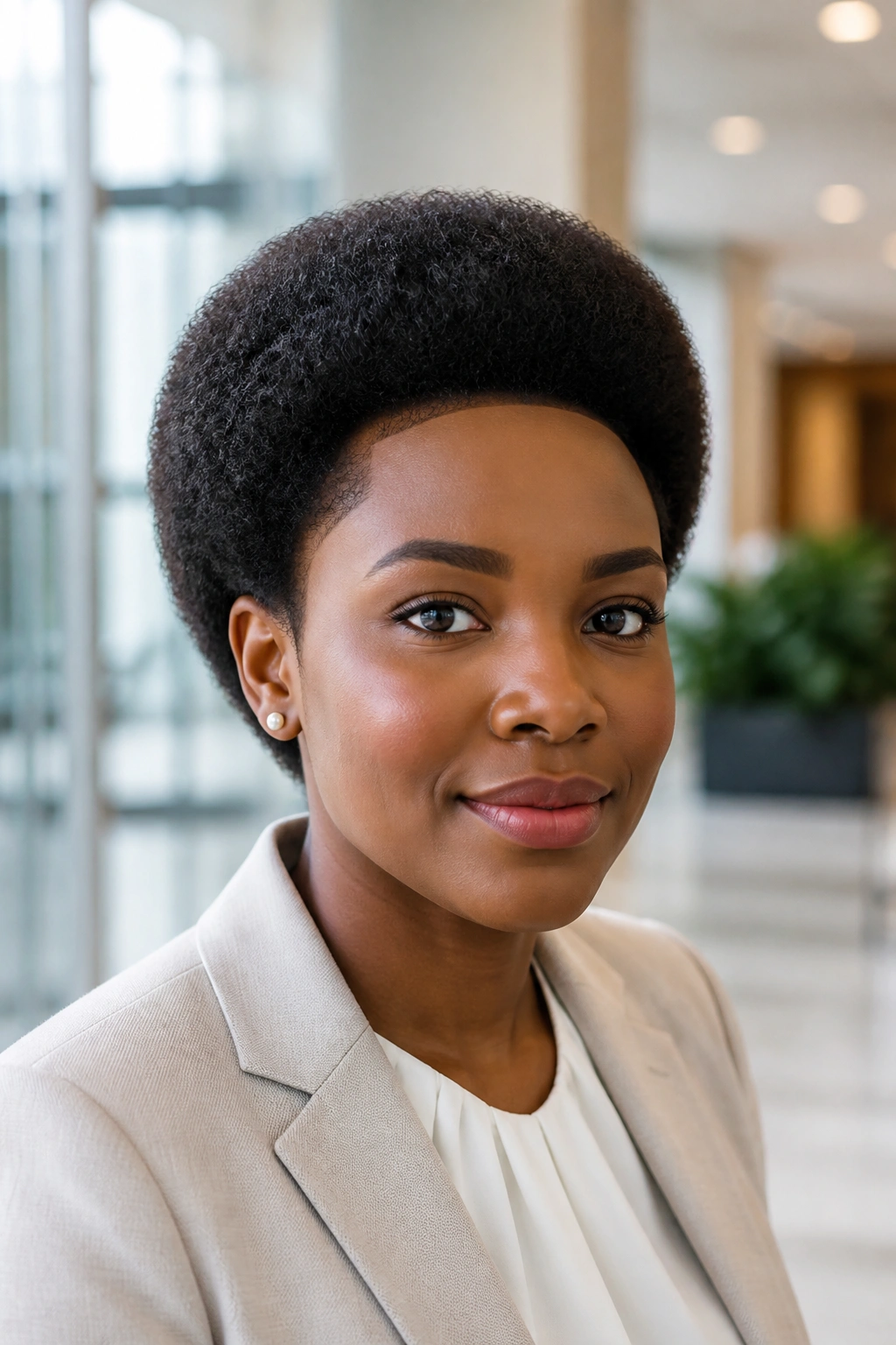 Real person with rounded Afro and crisp edges in a bright office setting