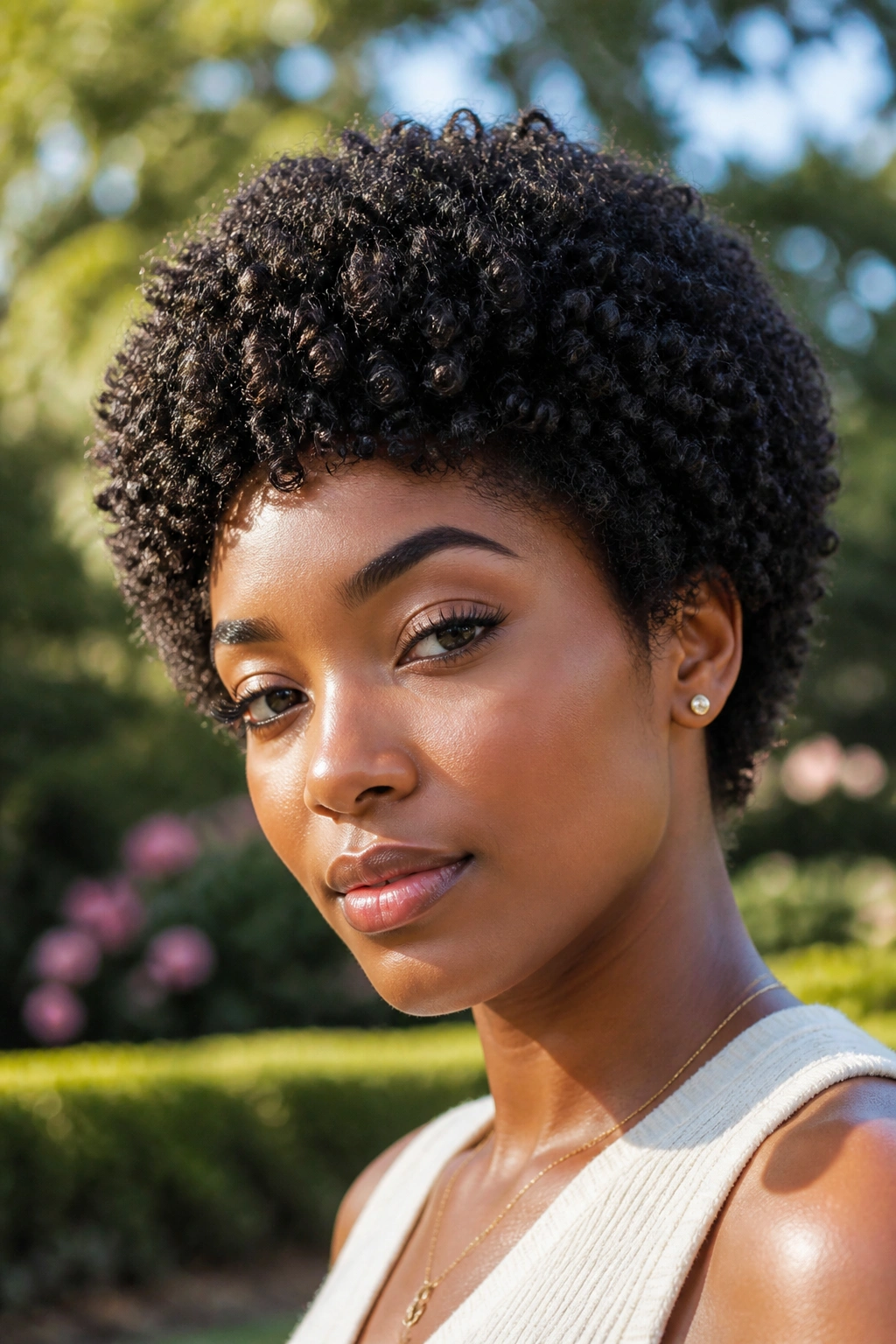 Close-up of a woman with rounded afro crop and defined curls
