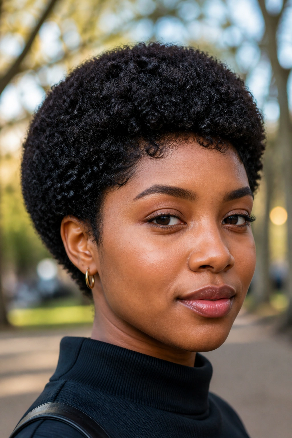 Close-up of a woman with a rounded Afro crop and full rounded silhouette