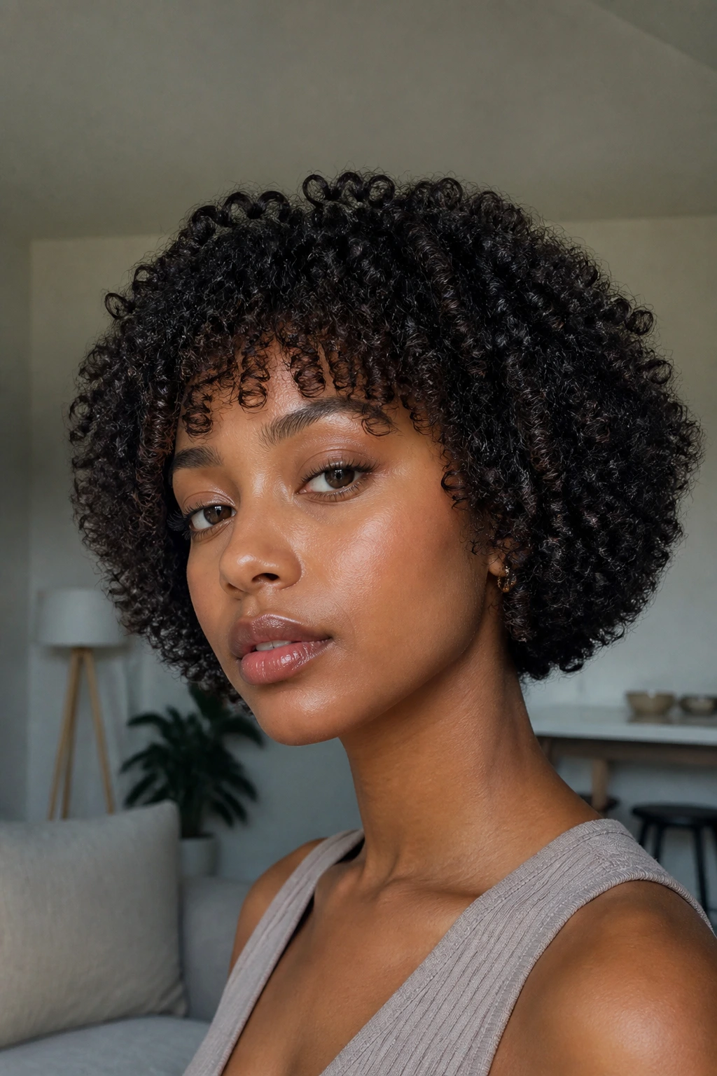 Close-up of a real person with a rounded afro-textured curly bob