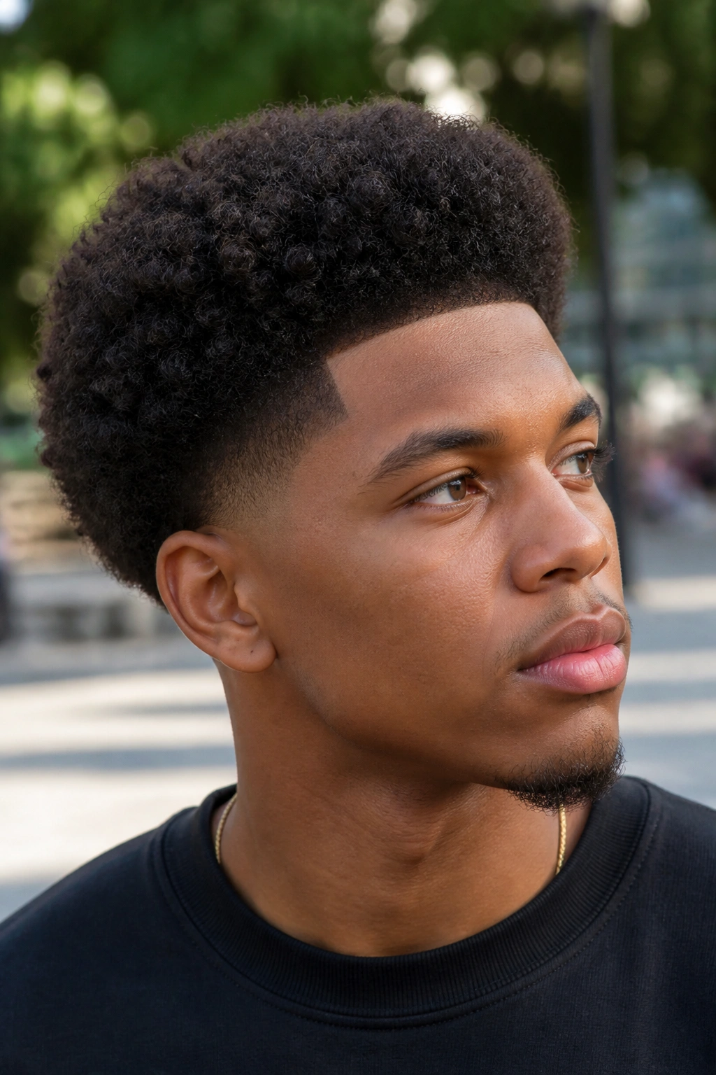 Close-up portrait of a man with rounded Afro top curly taper fade