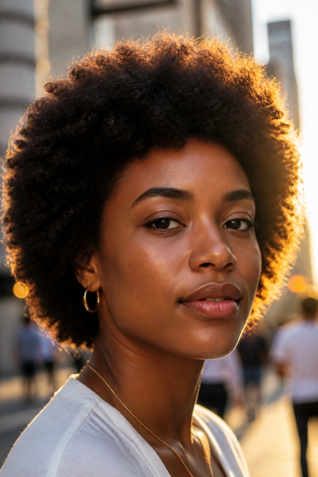 Close-up of person with rounded afro cut and defined coils