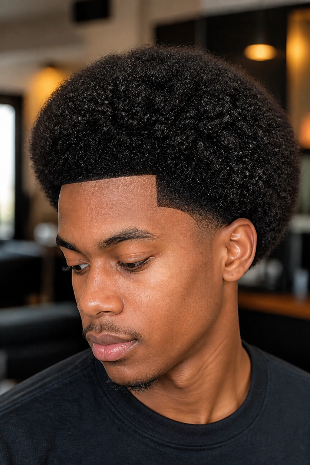 Real person with a rounded afro and a clean edge-up at the hairline