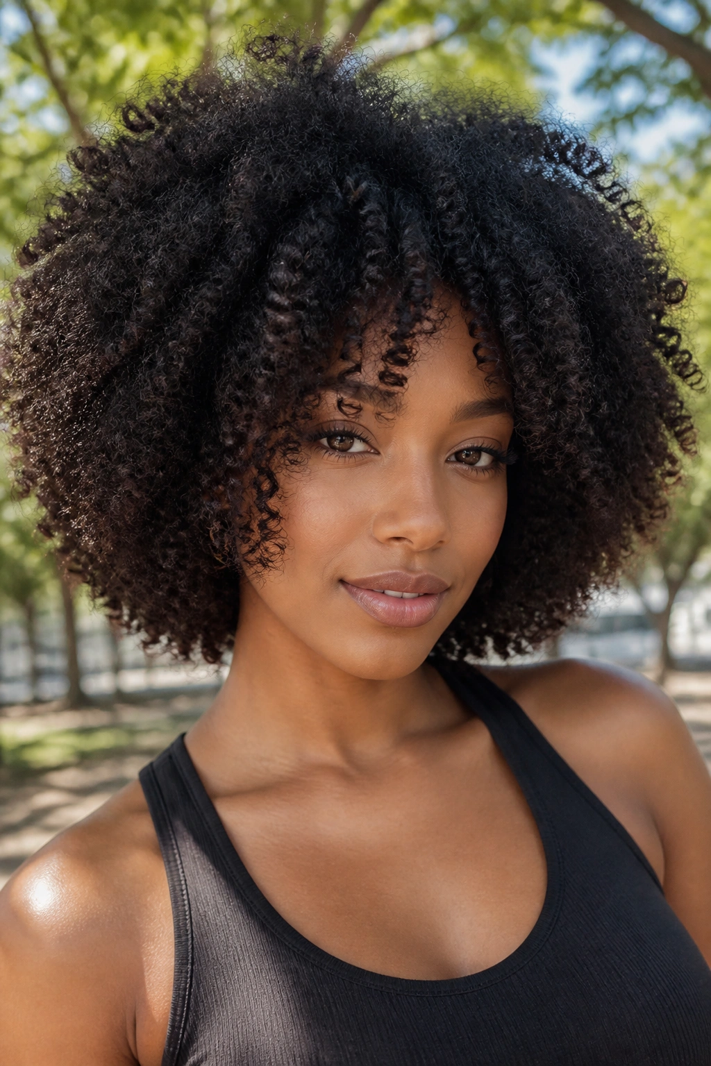 Close-up of a real person with rounded Afro layers and face framing