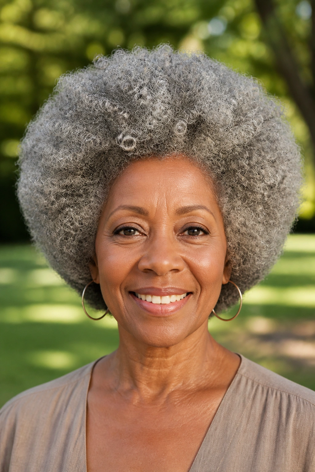 Close-up portrait of a real woman with a rounded gray Afro and defined curls