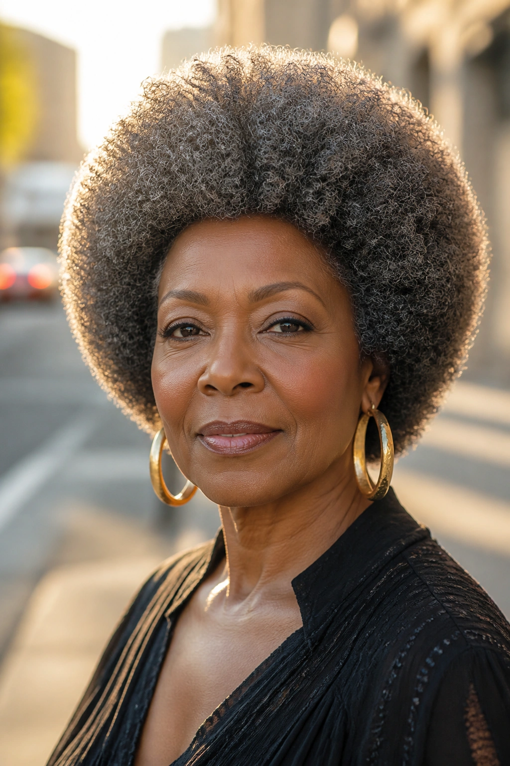 Close-up of a woman with rounded Afro hairstyle outdoors.
