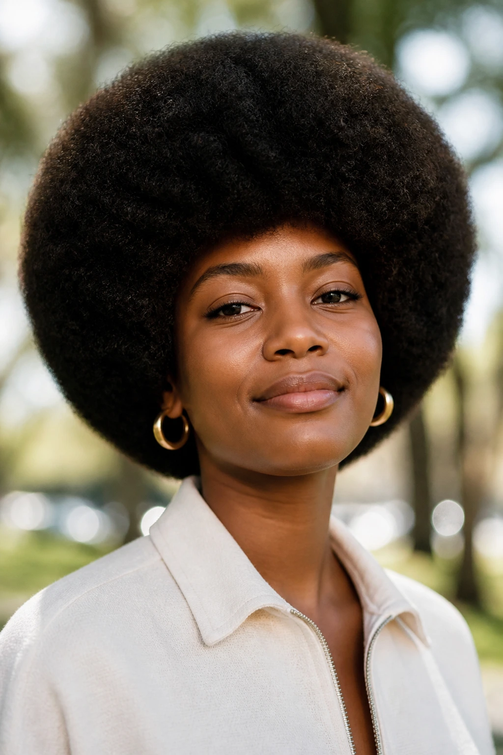 Close-up portrait of a real person with a rounded Afro hairstyle