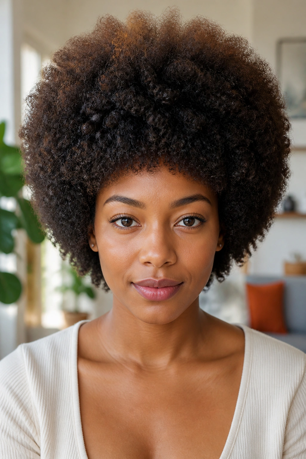 Front portrait of a real person with a rounded, sculpted afro