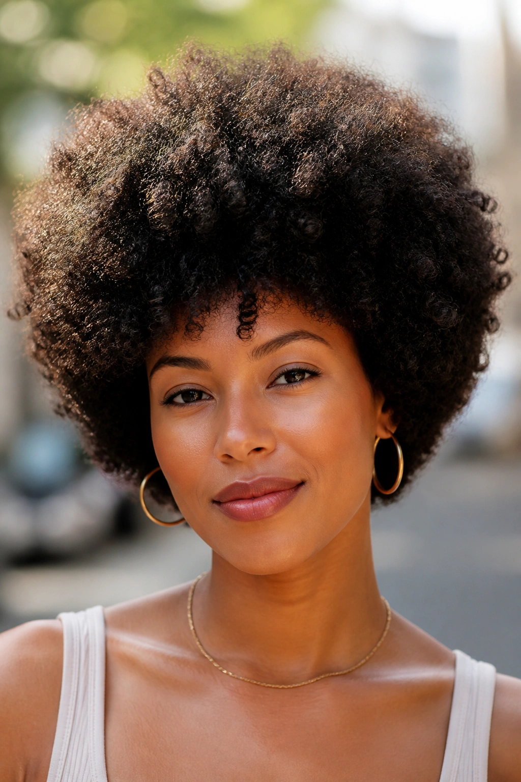 Close-up portrait of a real person with a rounded afro shape