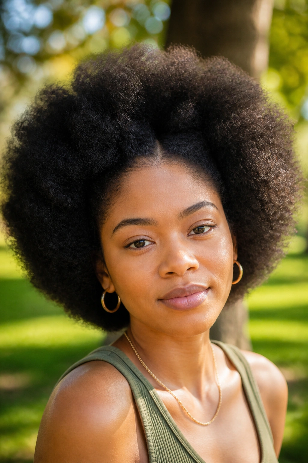 Real person with rounded Afro and stretched roots in daylight