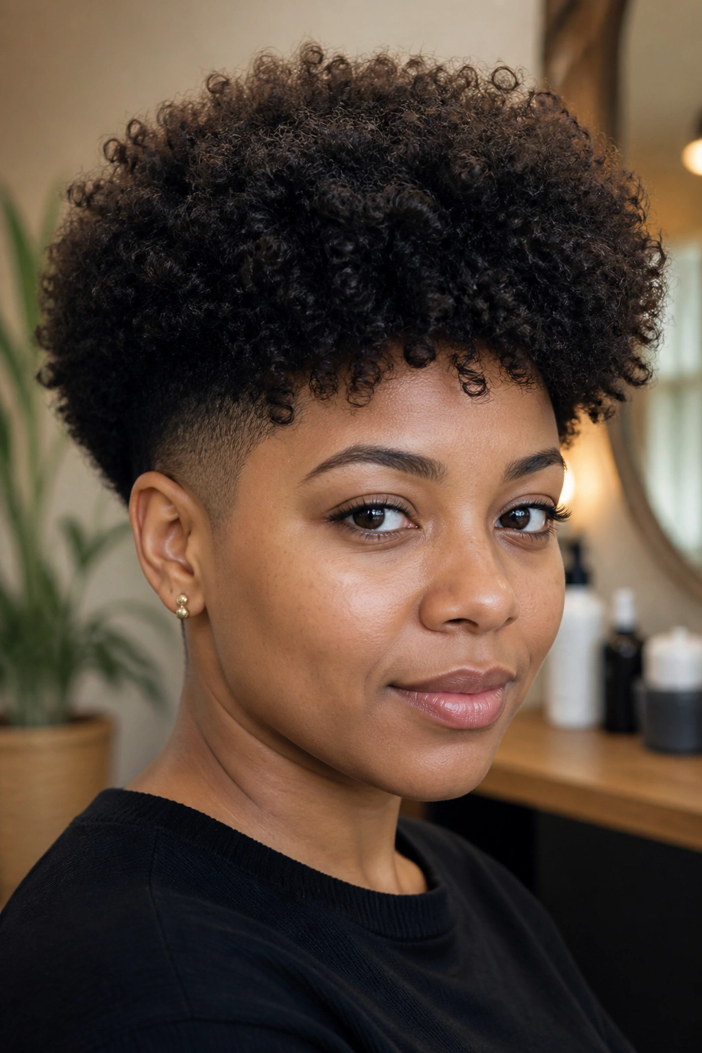 Close up of a person with rounded afro and tapered sides in a salon