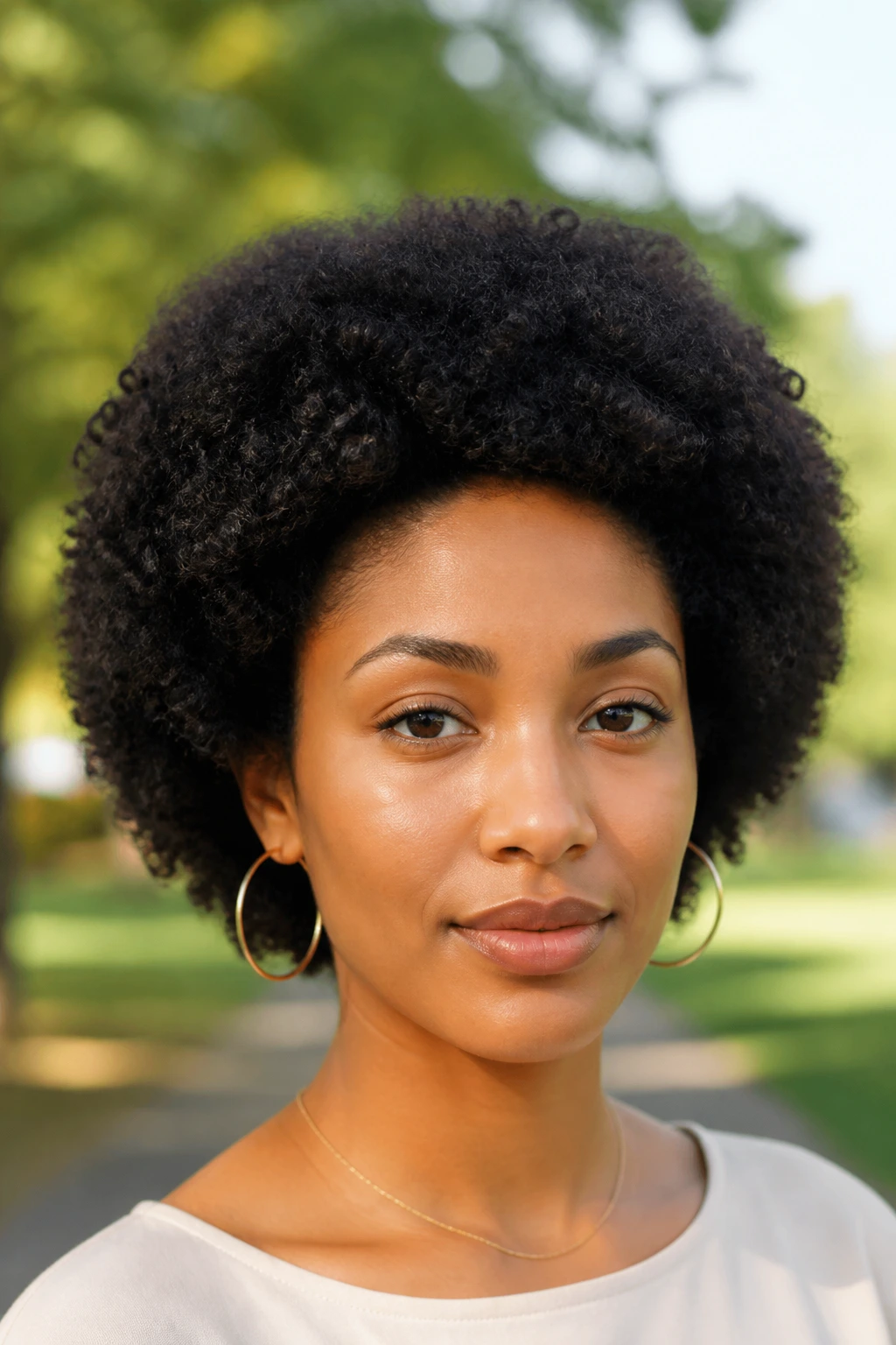 Close-up of a real woman with a rounded Afro and soft temple volume outdoors