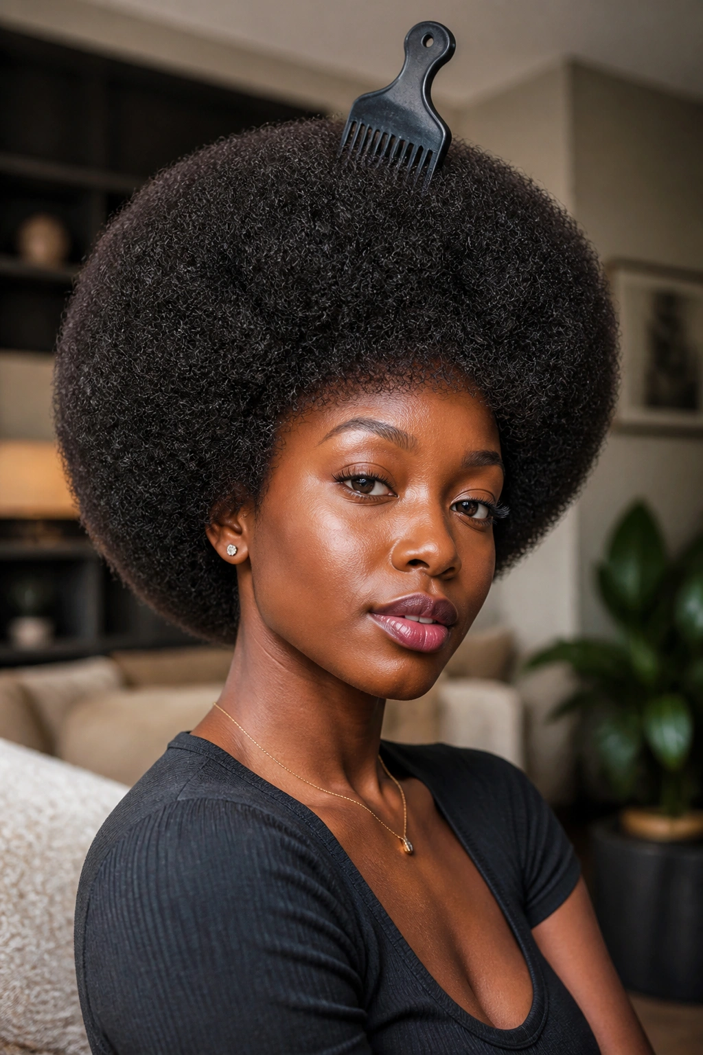 Close-up of a real person with a rounded Afro shape