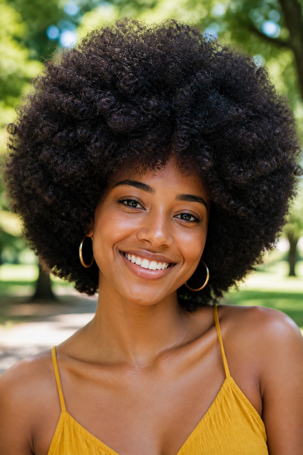 Close-up portrait of a woman with a big rounded afro showing texture