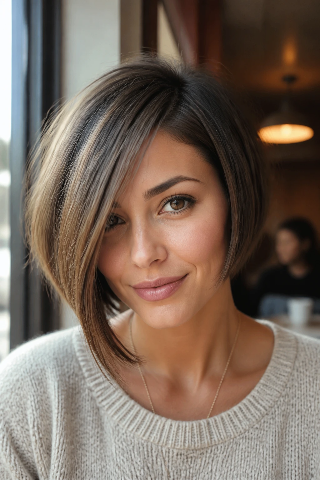 Real woman with rounded asymmetric bob framing the face