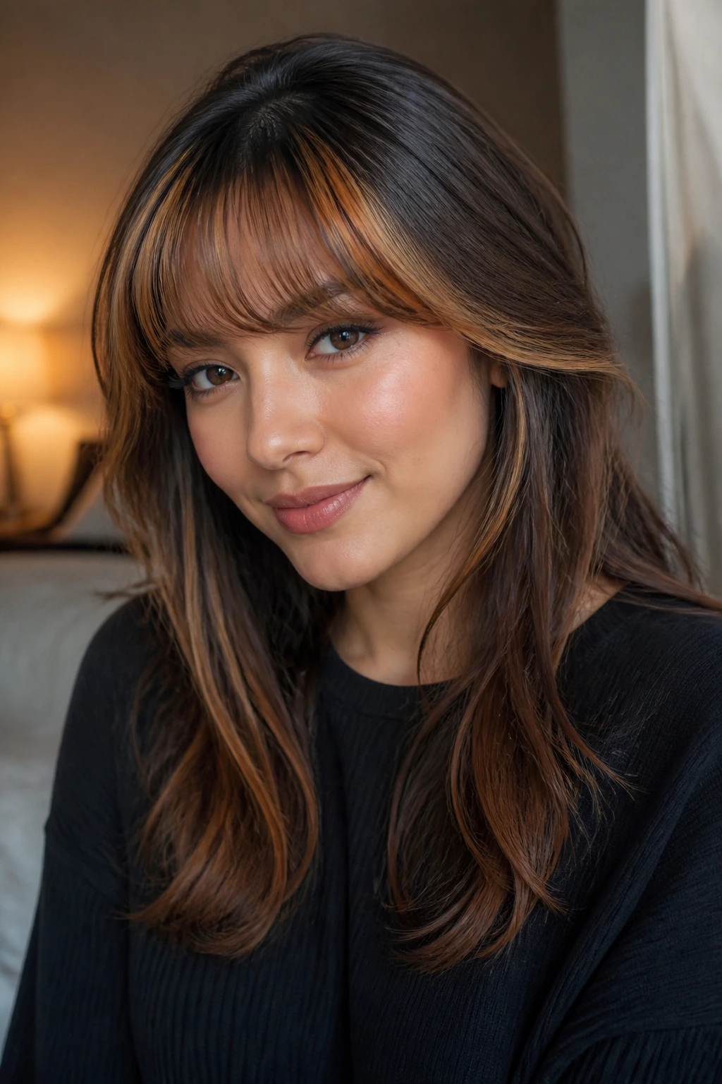 Real woman with rounded bangs and golden apricot streaks in warm light