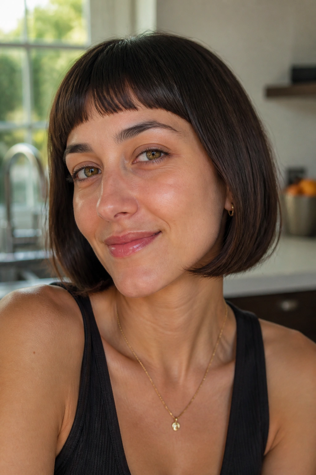 Close-up of a person with rounded bangs and chin-length bob in bright kitchen daylight