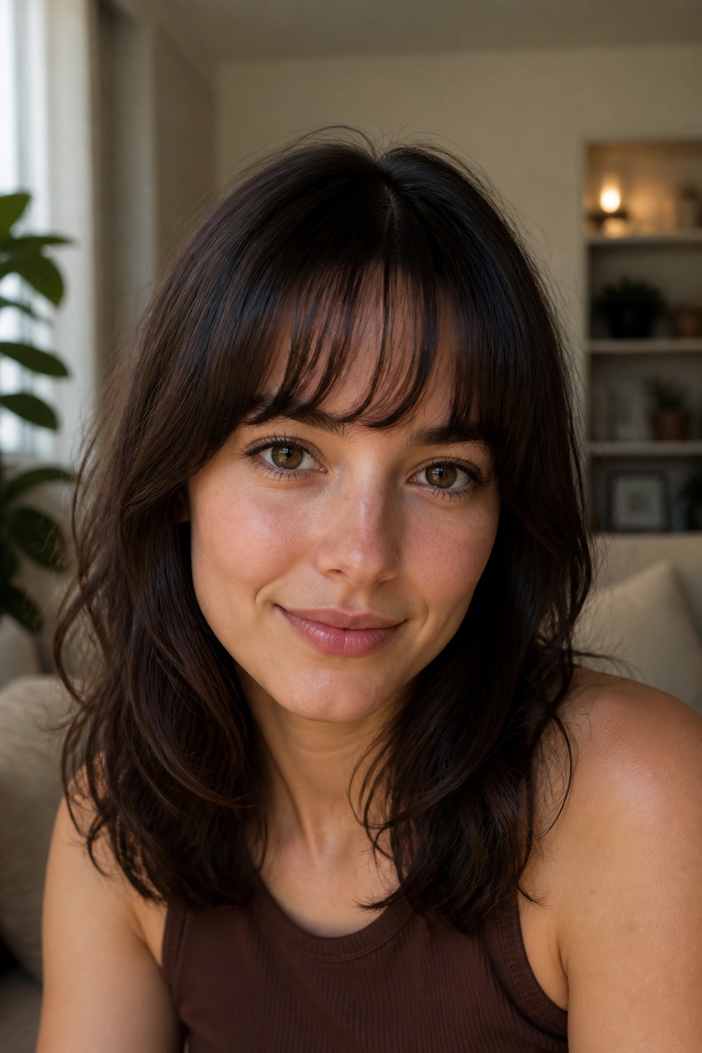 Close-up of a person with rounded bangs following brow curve.