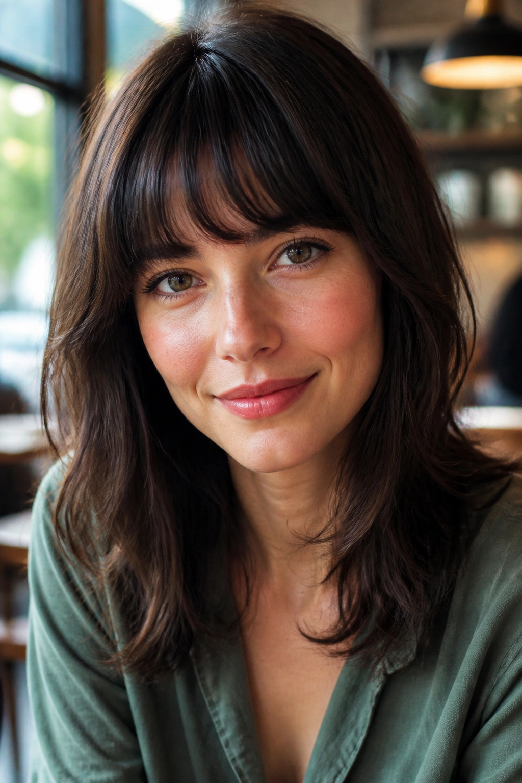 Close-up portrait with rounded bangs following a curved fringe.