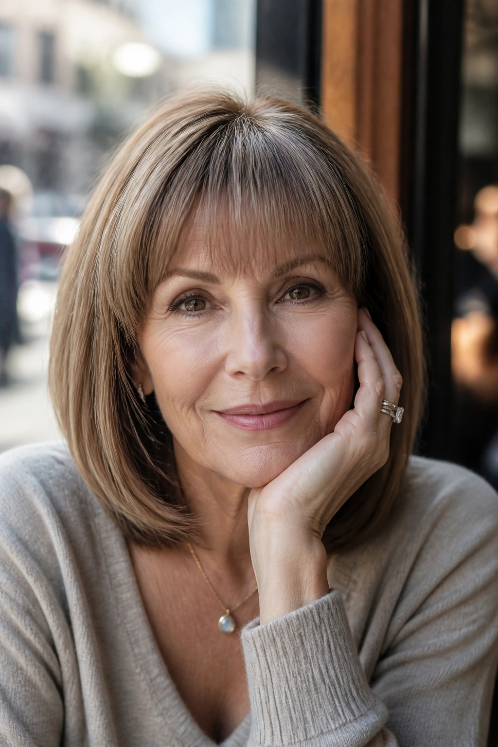 Close-up portrait of a real woman with rounded bangs in warm cafe light
