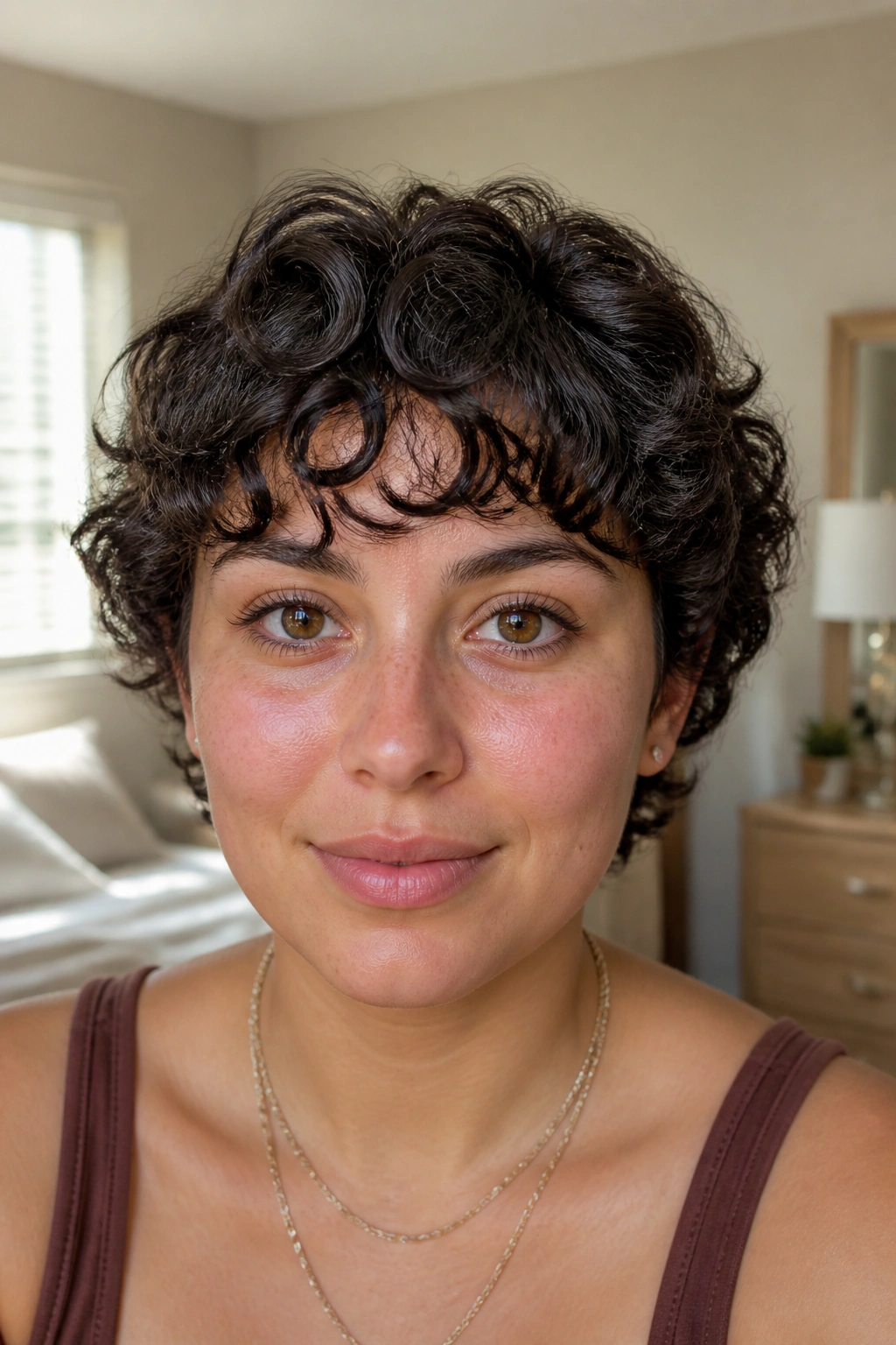 Close-up of rounded curly bangs on short hair, framing the brow and temple.