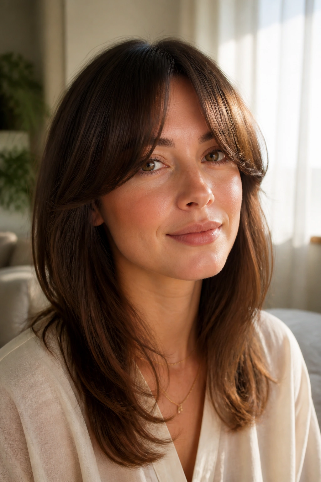 Close-up of a real woman with rounded long bangs arched softly across the forehead