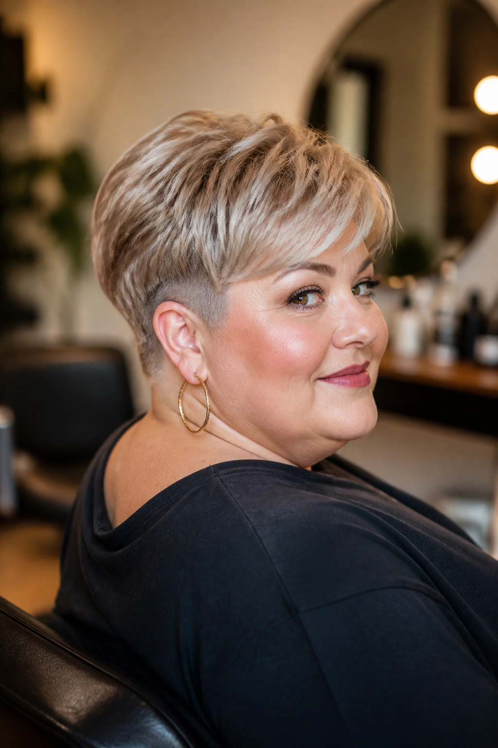 Close-up portrait of a woman with a rounded bixie and soft undercut in a salon setting.