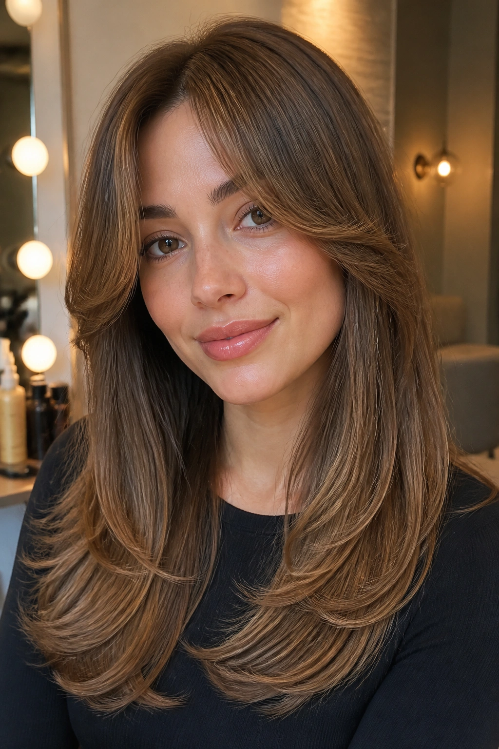 Close-up portrait of a real person with rounded blowout curtain bangs in warm light