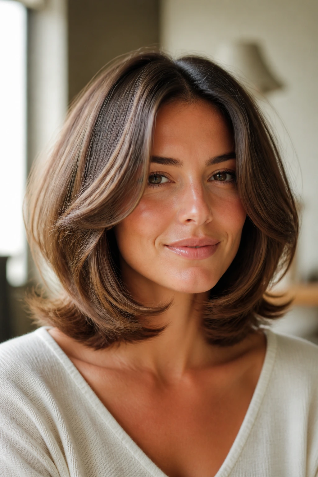 Close-up of a woman with a rounded blowout and feathered tips framing the face