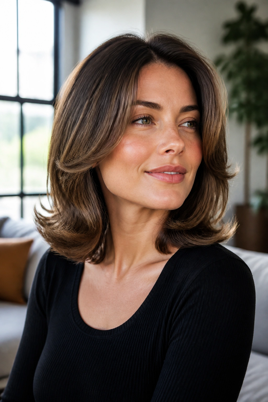 Portrait of a real woman with rounded blowout and flipped ends in bright living room light.