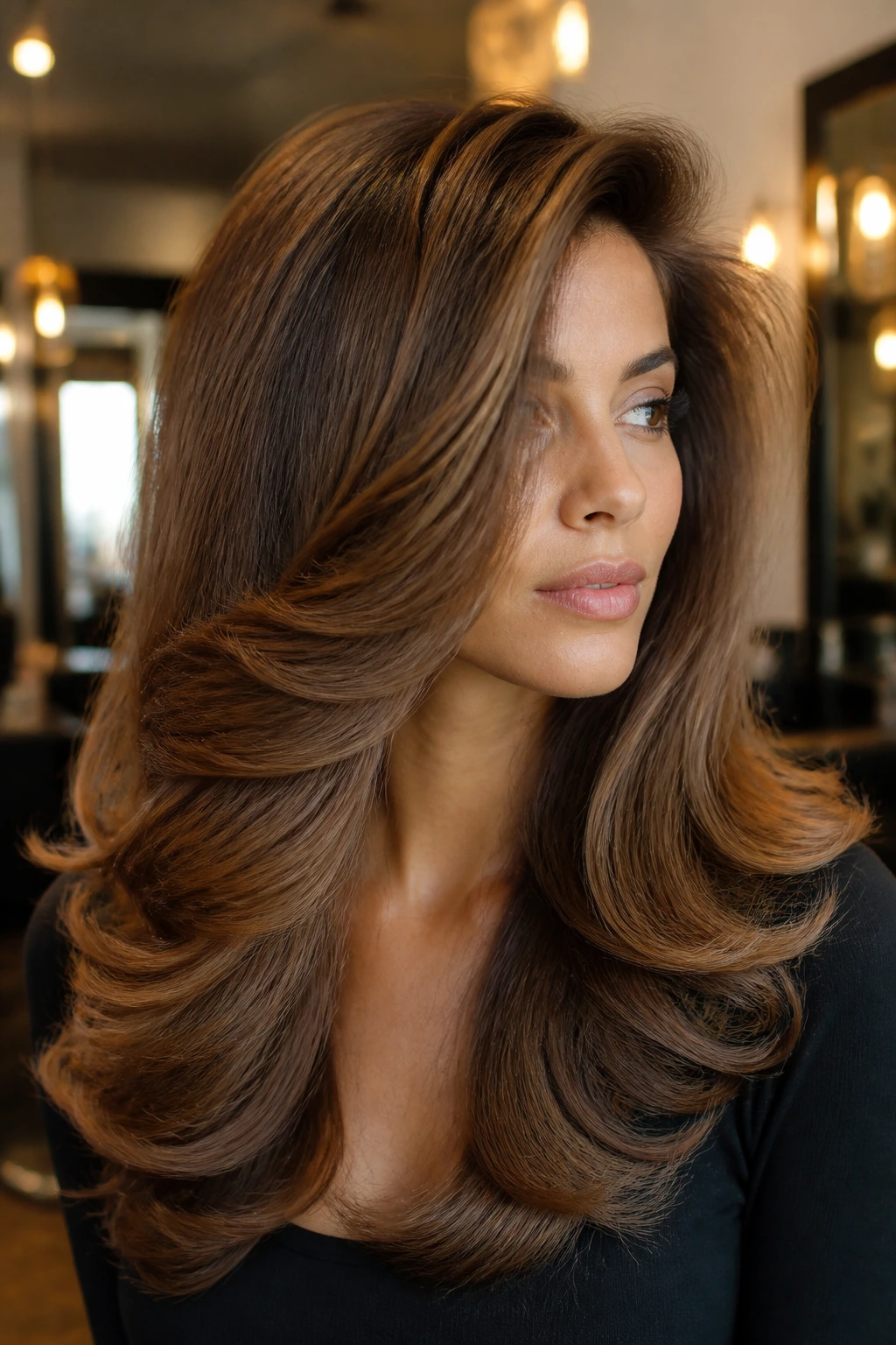 Close-up of a real woman with a round, voluminous blowout in a salon setting.